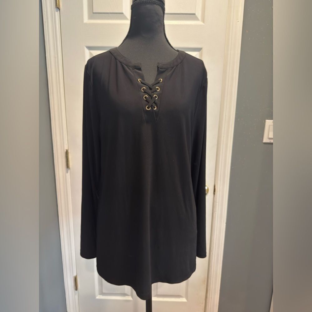 Sears Black Mandarin Collar Long Sleeve Blouse